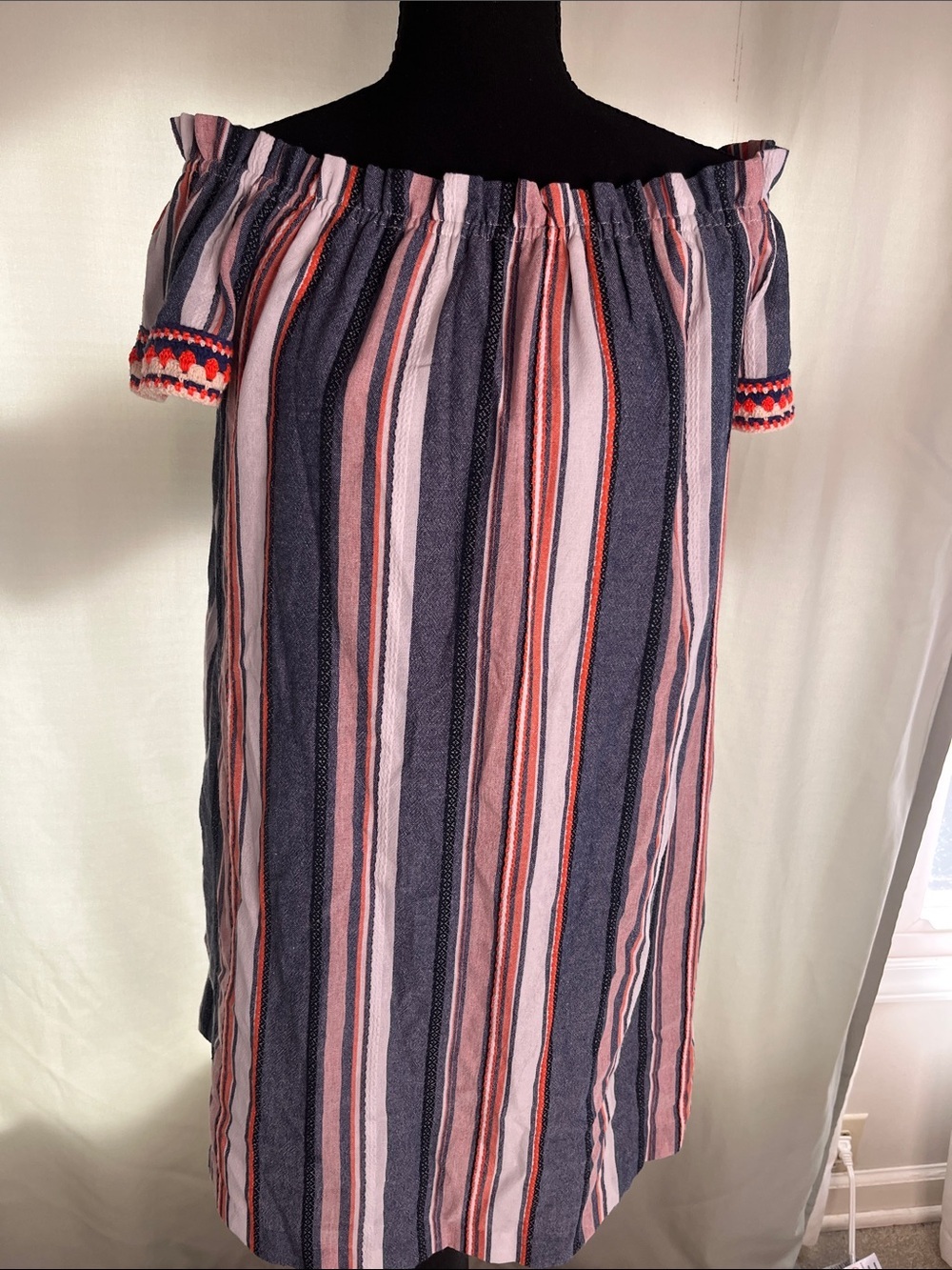 THML Navy, Pink and Coral Striped Off-Shoulder Dress